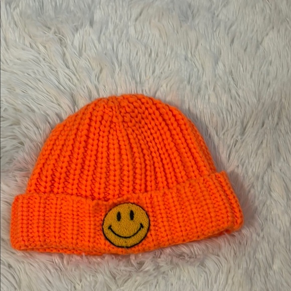 Vibrant Orange Smiley Face Knit Hat - Picture 1 of 3